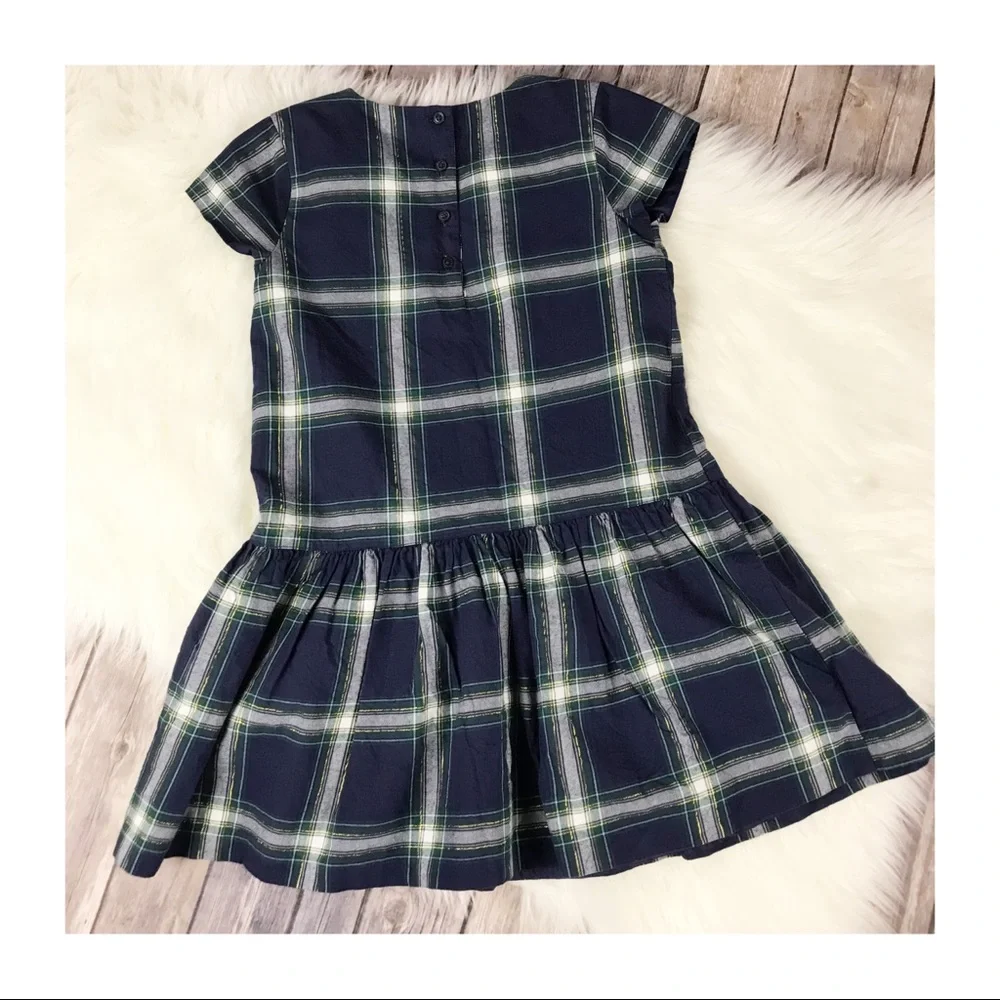 Gymboree Holiday Christmas Short Sleeve Embellished Plaid Dress Navy Blue Size 8